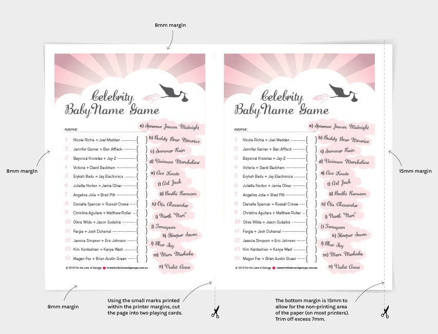 Cutting instructions for the pink 'Celebrity Baby Name Game' by For the Love of George
