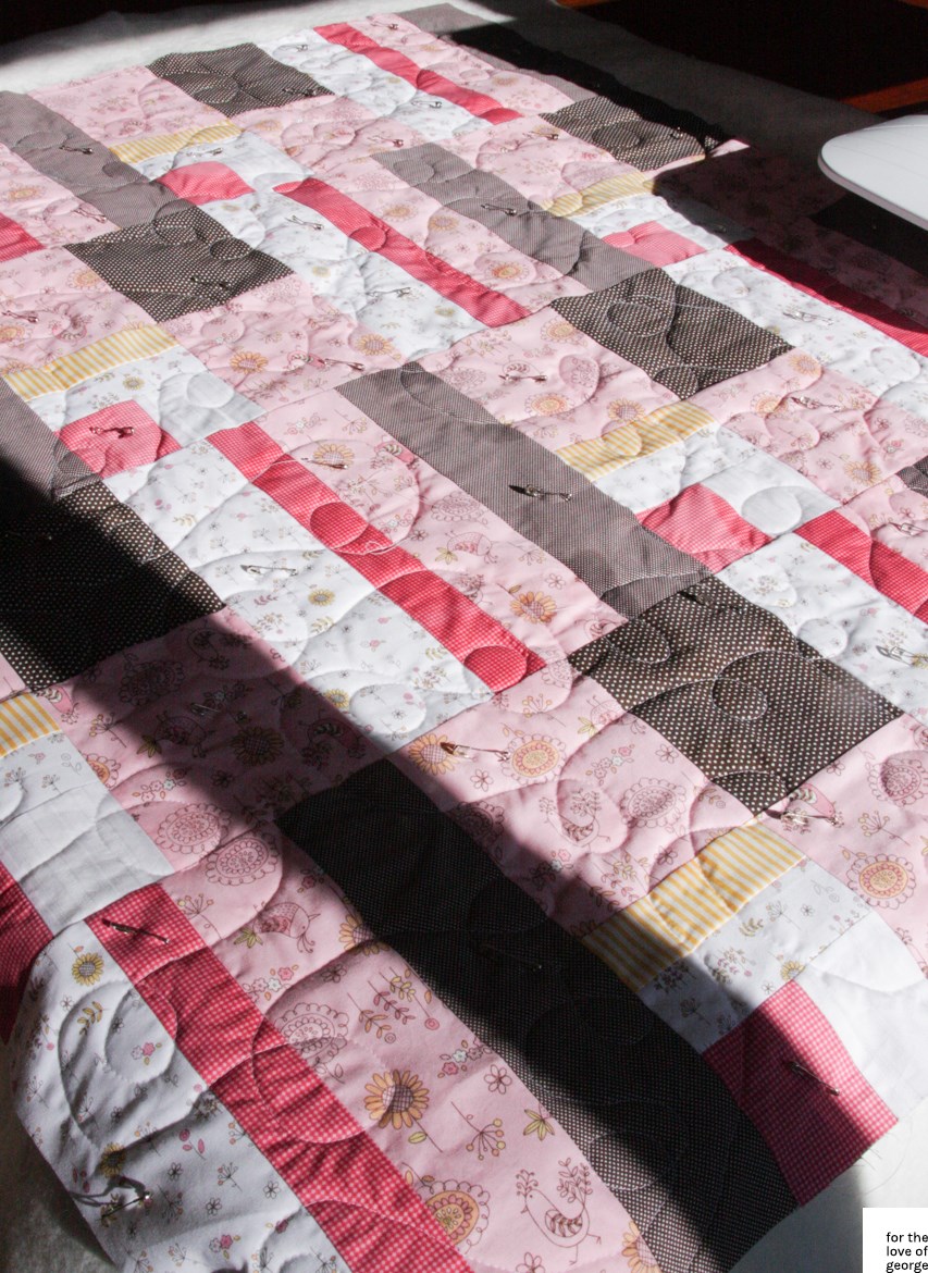 Pink, yellow and brown birds quilt on For the Love of George