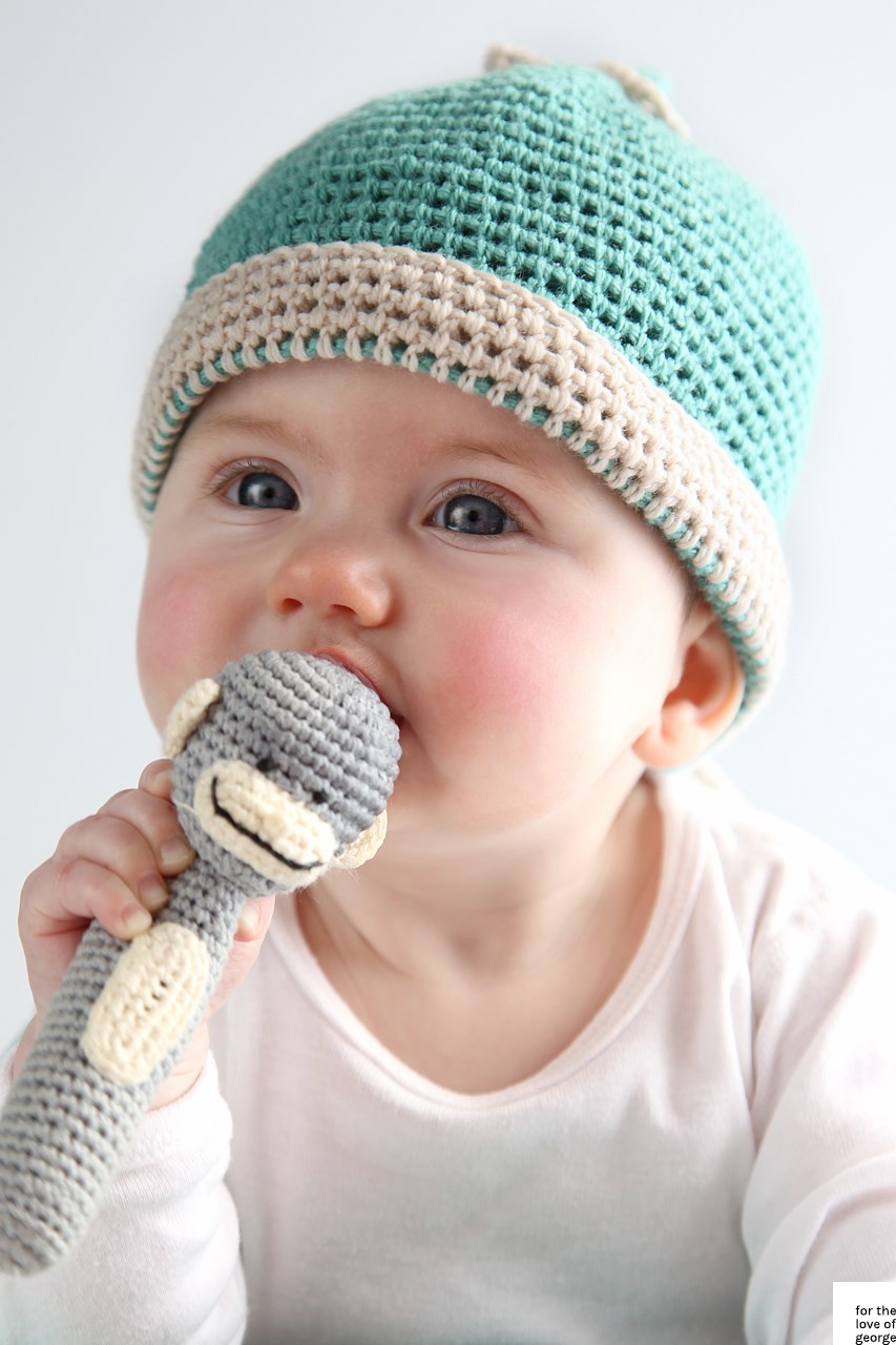 Crochet aqua baby beanie on For the Love of George